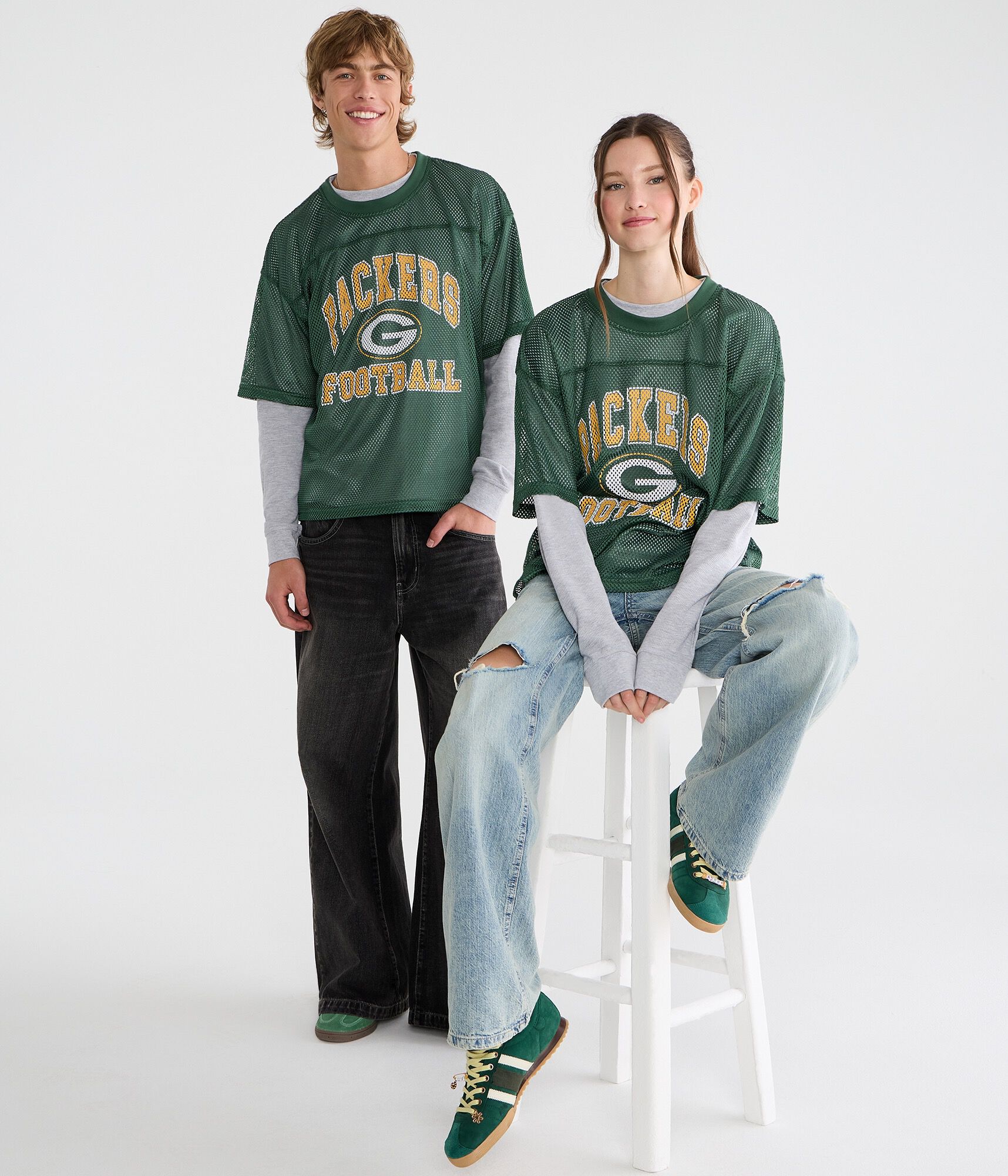 Long Sleeve Green Bay Packers Football Boxy Mesh 2Fer Top