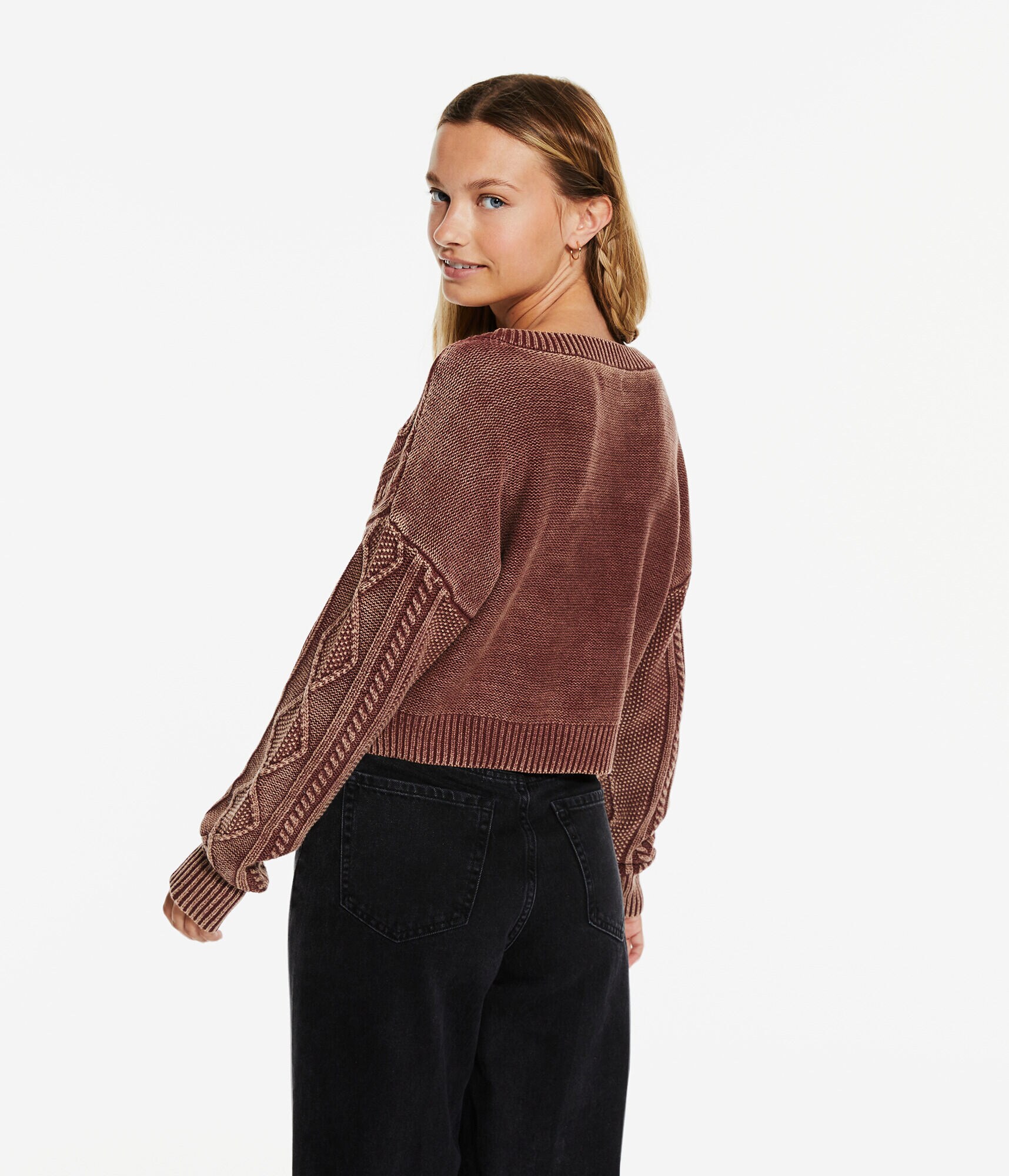 Cable-Knit Cropped V-Neck Sweater