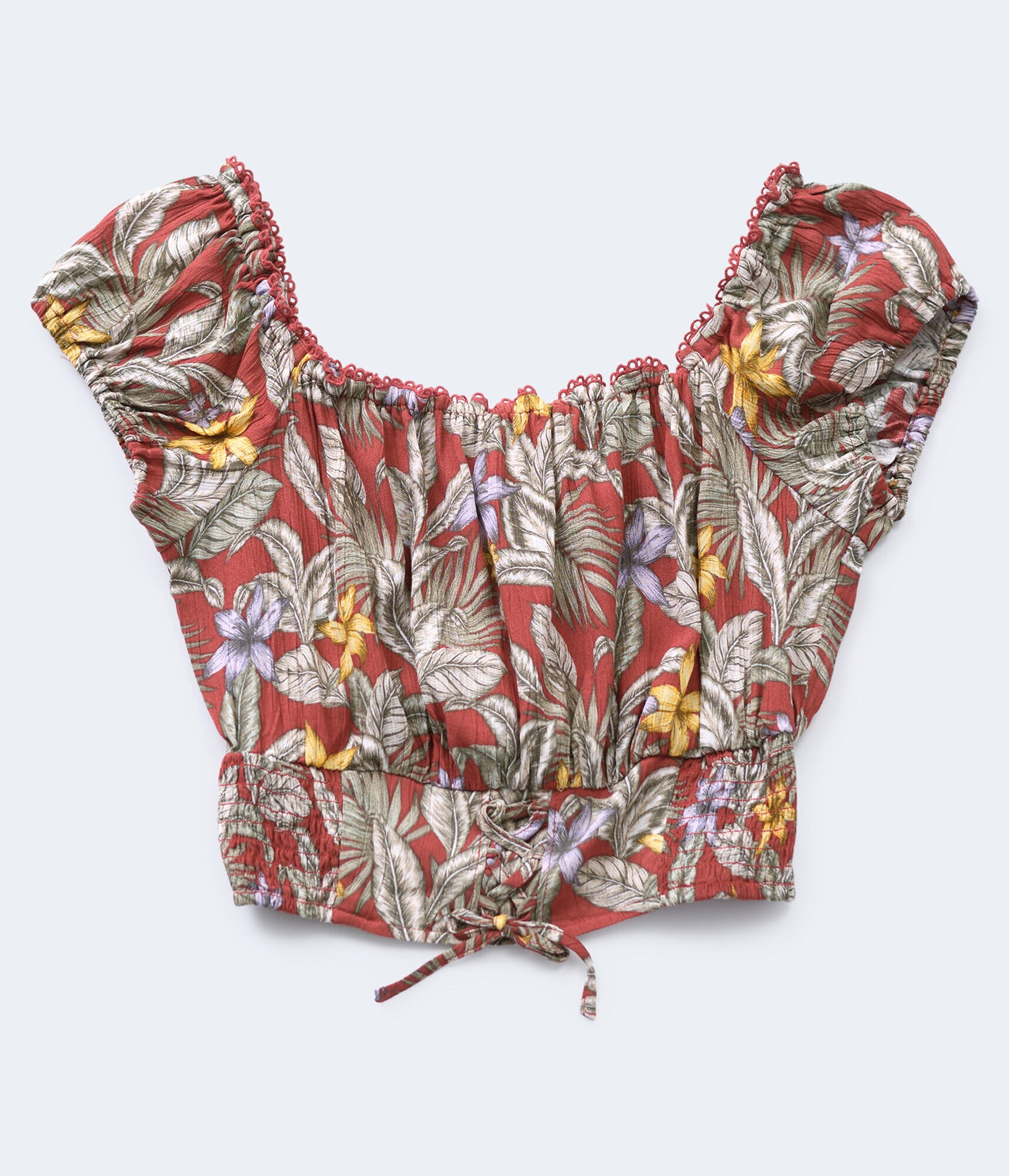 Tropical Off-The-Shoulder Lace-Up Crop Top