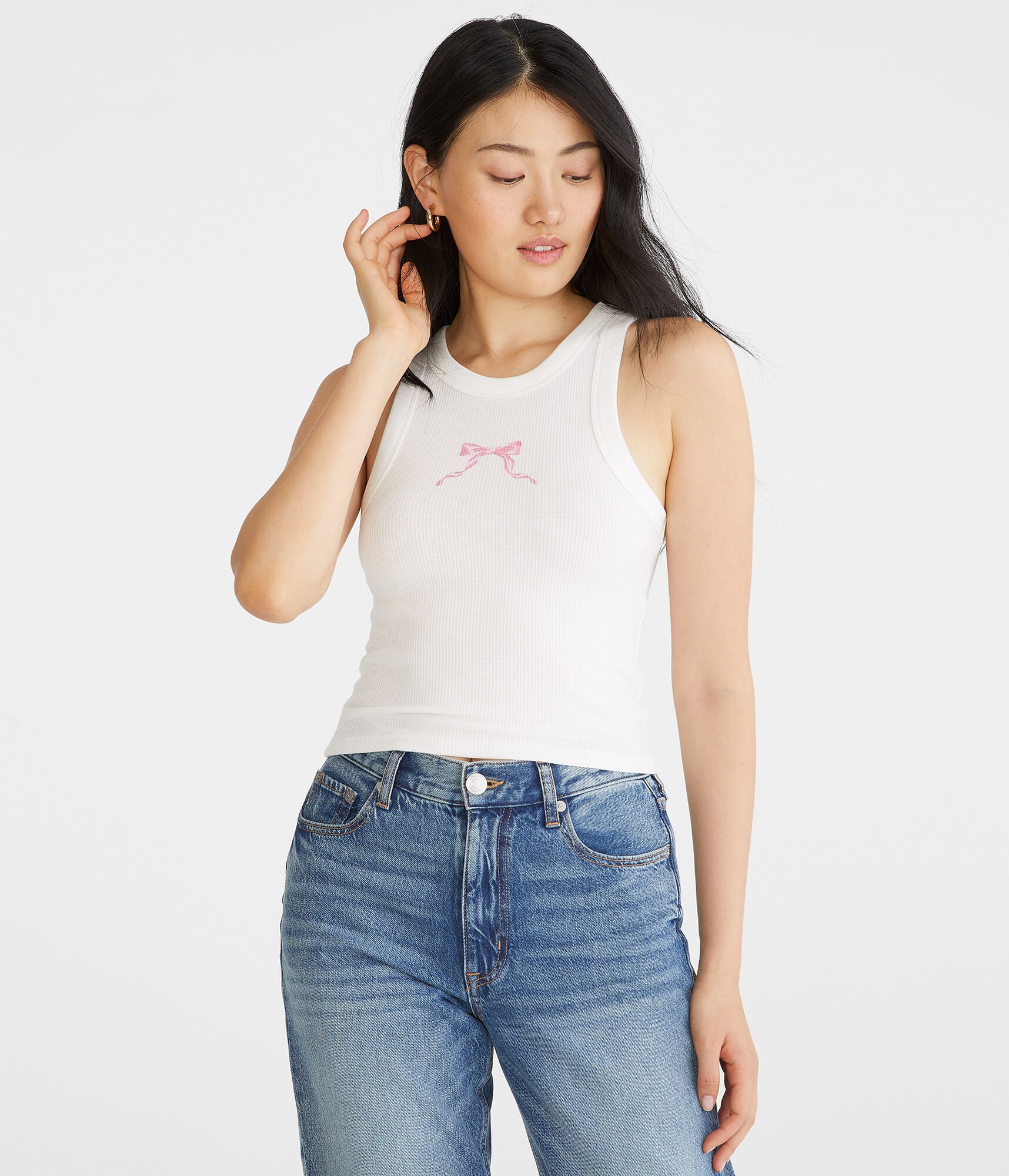 Bow High-Neck Cropped Graphic Waffle Tank