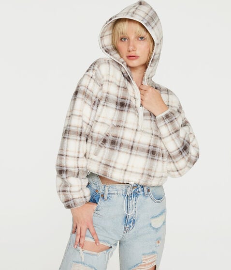 Plaid Sherpa Cinched Pullover Hoodie