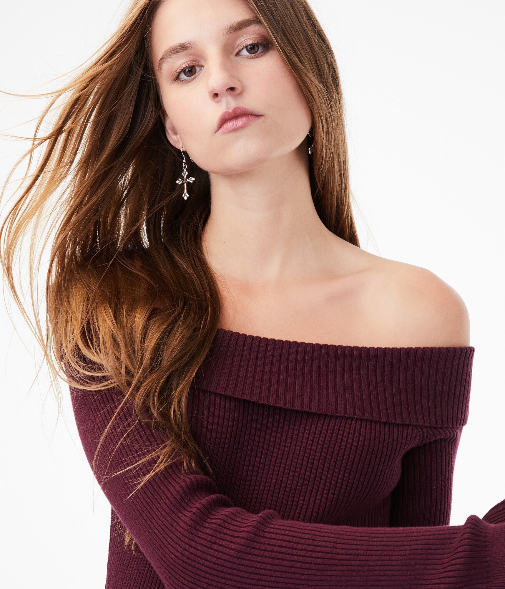 Long Sleeve Ribbed Off-The-Shoulder Sweater Dress***