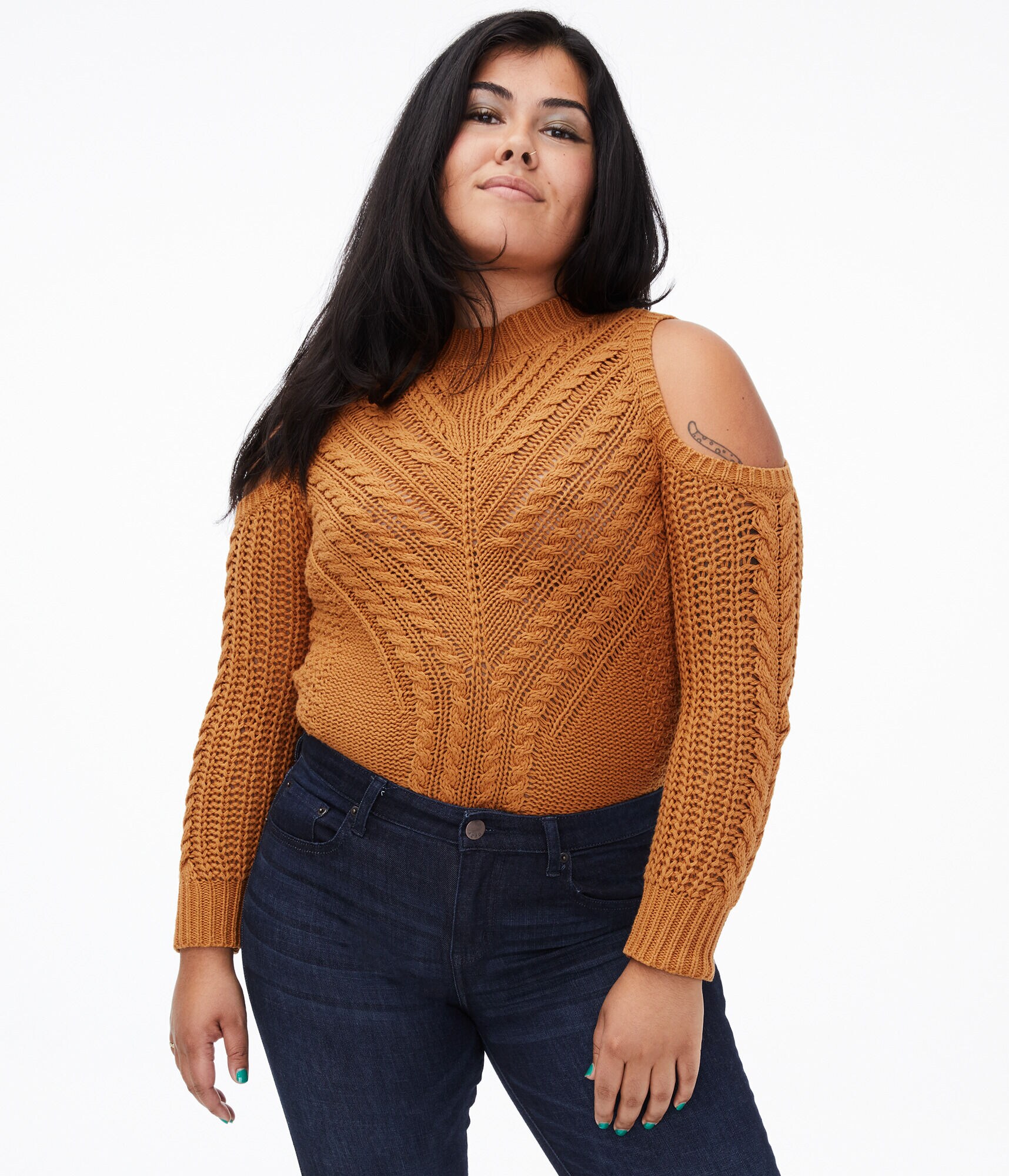 Cable-Knit Cold-Shoulder Sweater