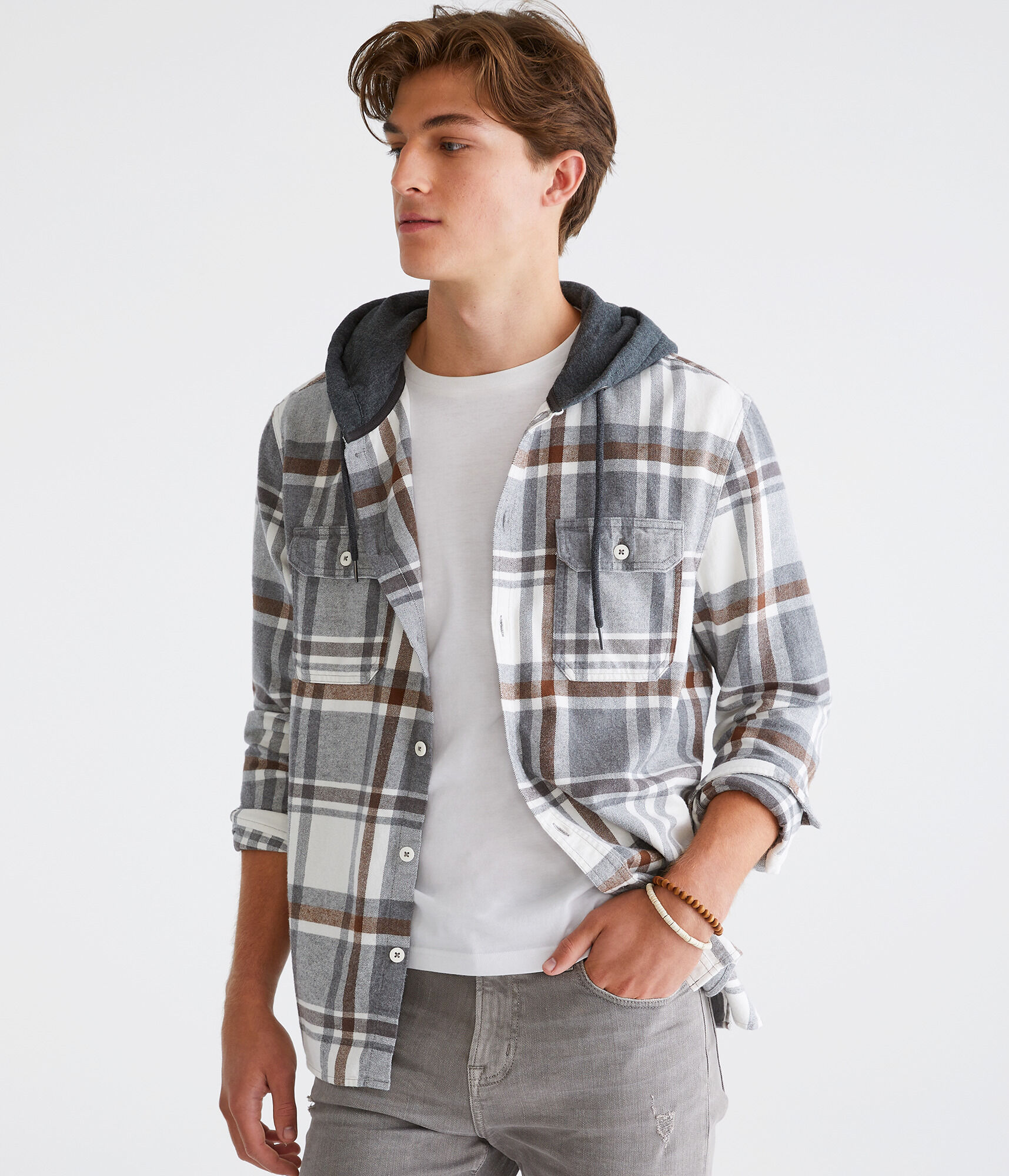 Long Sleeve Plaid Hooded Flannel Shirt