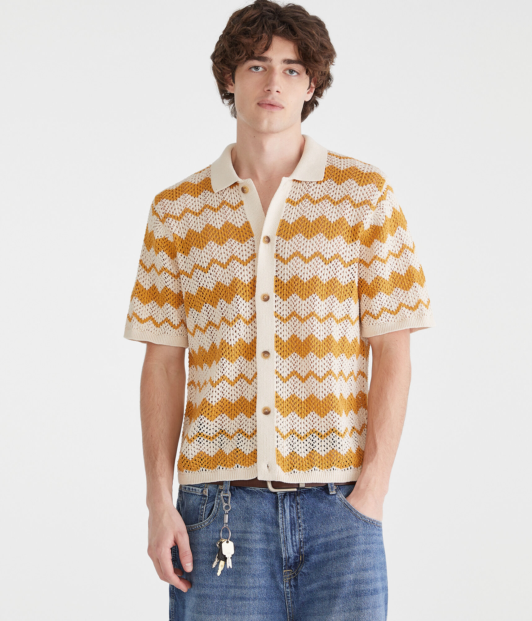 Chevron Crocheted Buttoned Sweater Polo