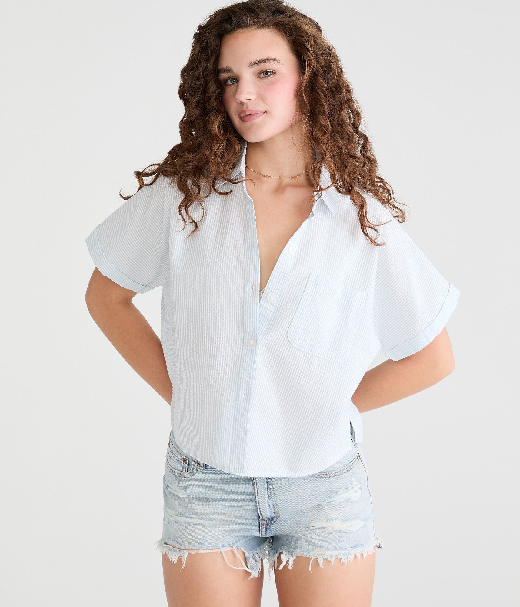 Striped Seersucker Dolman Sleeve Camp Shirt