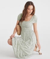 Floral Square-Neck Smocked Midi Dress