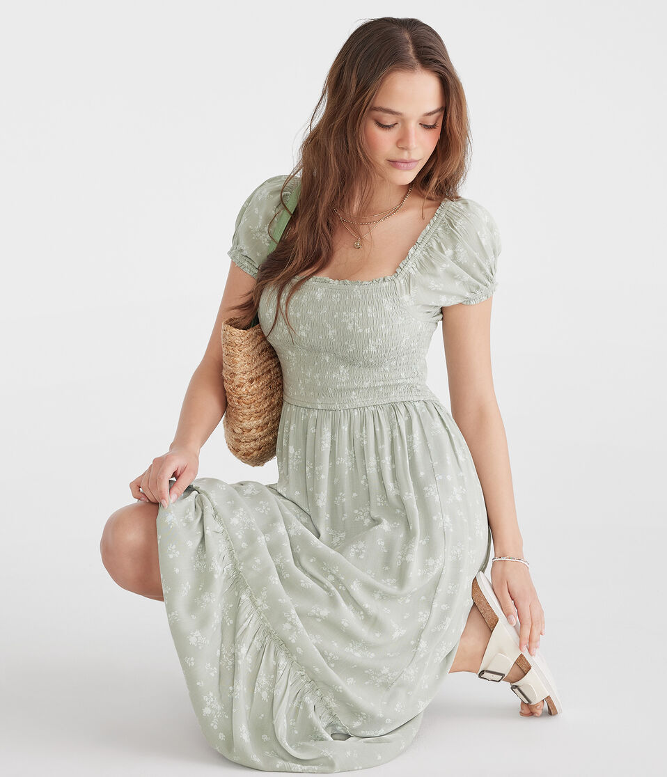 Floral Square-Neck Smocked Midi Dress