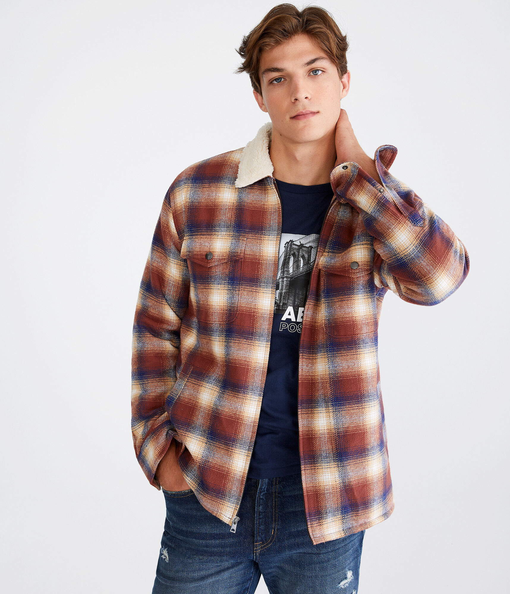 Plaid Sherpa-Lined Full-Zip Flannel Shacket