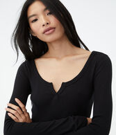 Long Sleeve Notch-Neck Cropped Shrunken Tee