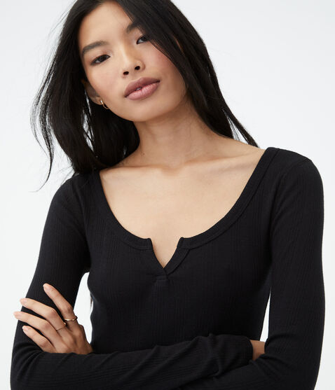 Long Sleeve Notch-Neck Cropped Shrunken Tee Long Sleeve Notch-Neck Cropped Shrunken Tee