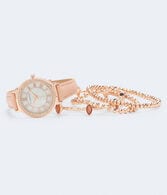 Rhinestone Faux Leather Watch & Bracelet Set