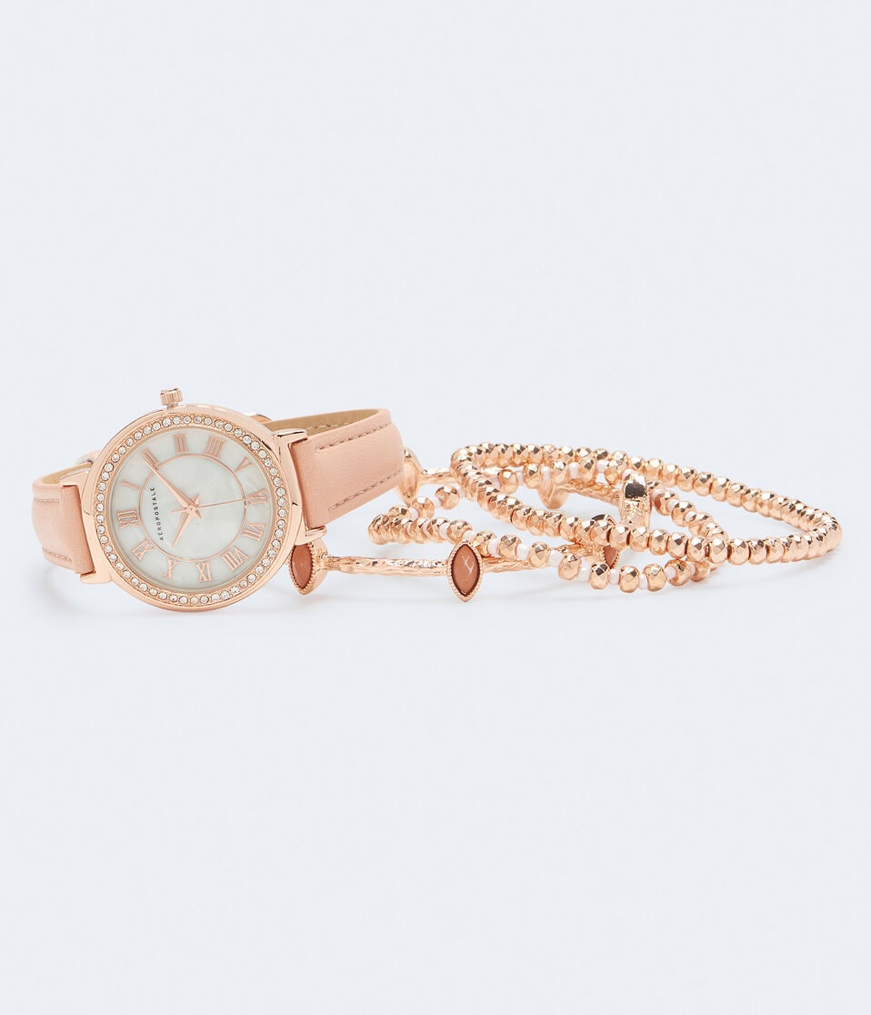 Rhinestone Faux Leather Watch & Bracelet Set