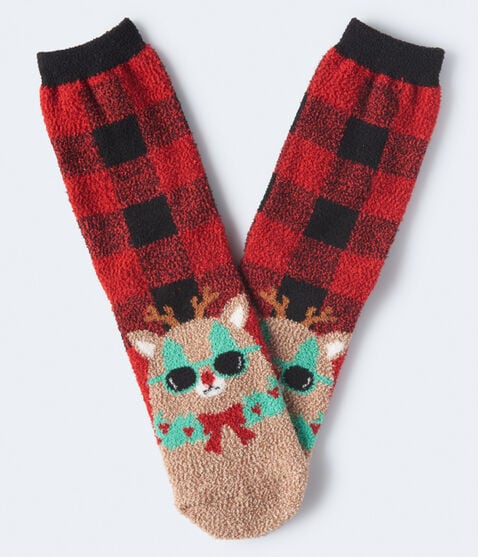 Cat Reindeer Fuzzy Crew Socks Cat Reindeer Fuzzy Crew Socks