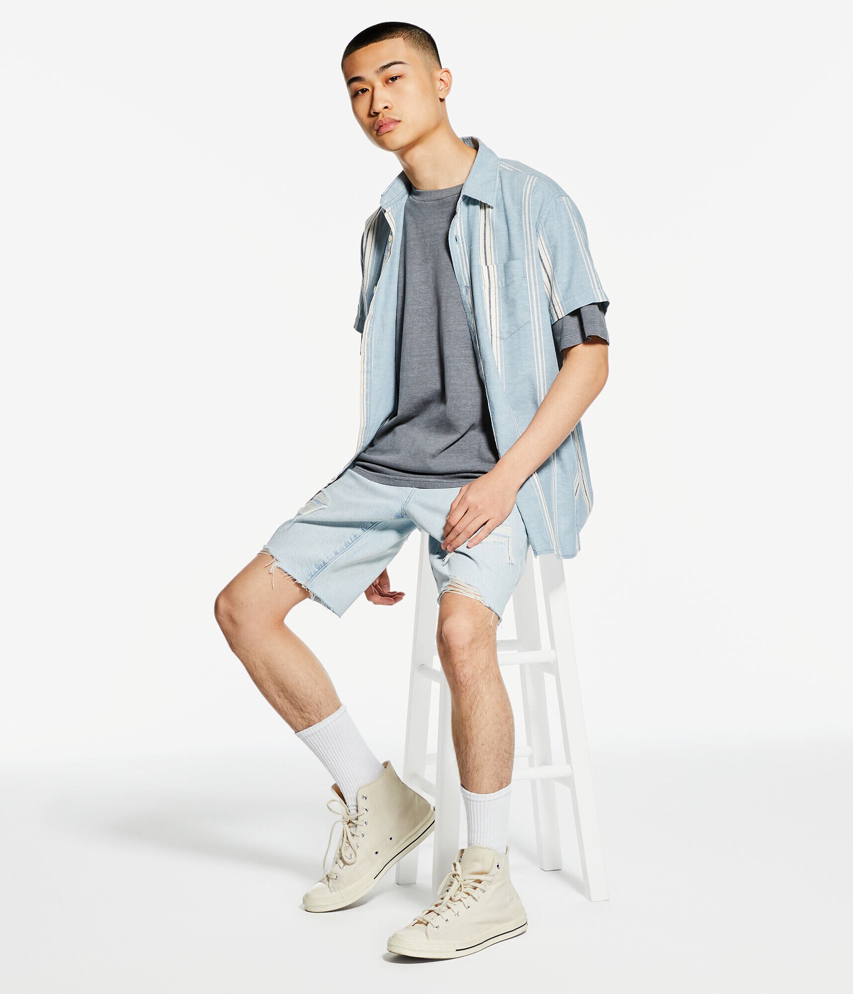 Relaxed Vertical Stripe Hemp Button-Down Shirt