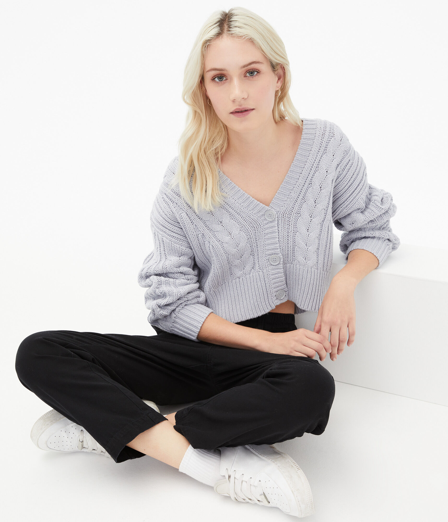 Cable-Knit Cropped V-Neck Cardigan