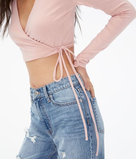 Long Sleeve Seriously Soft Wrap-Front Tie Crop Top