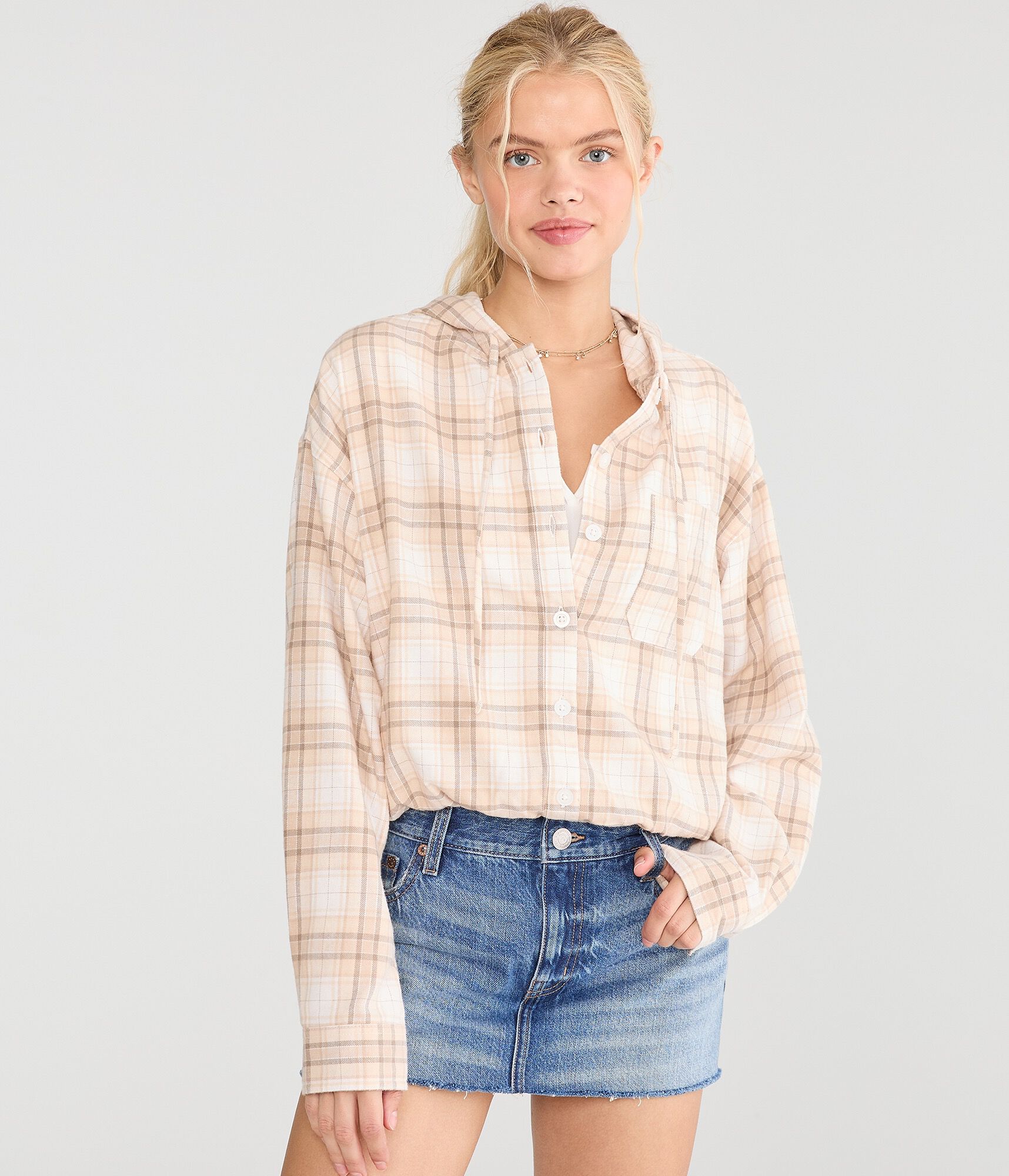 Long Sleeve Cinched Hem Plaid Flannel Shirt