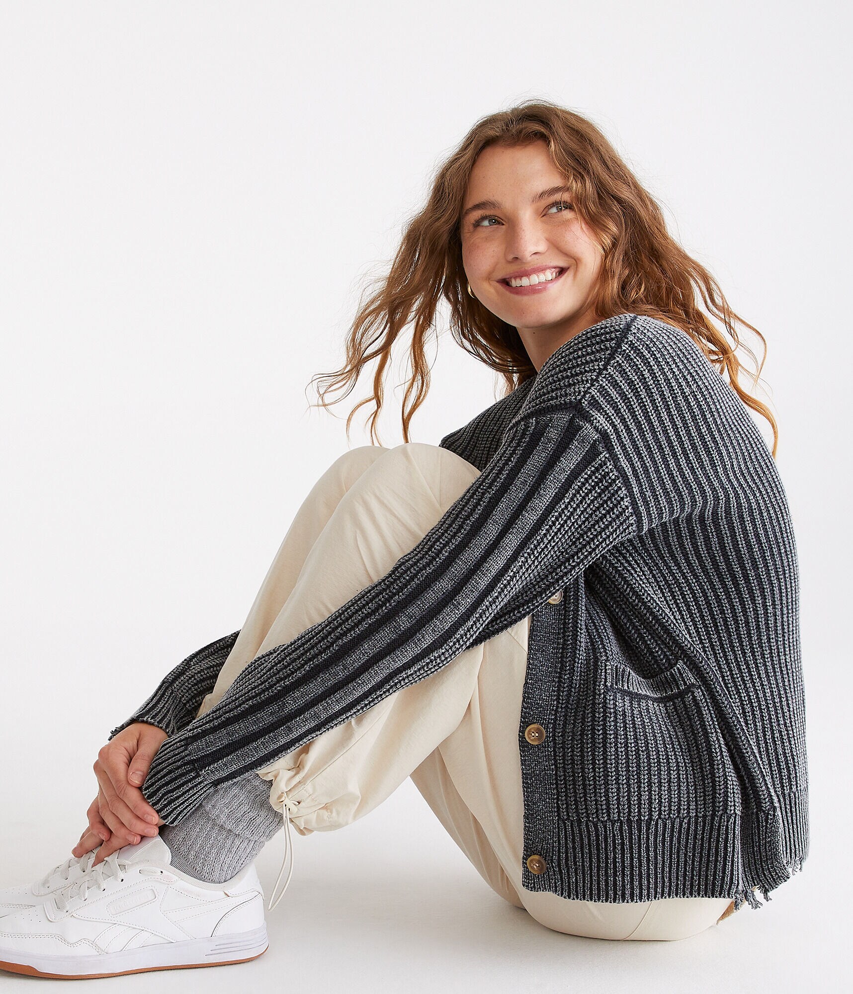 Distressed Rib-Knit Cardigan