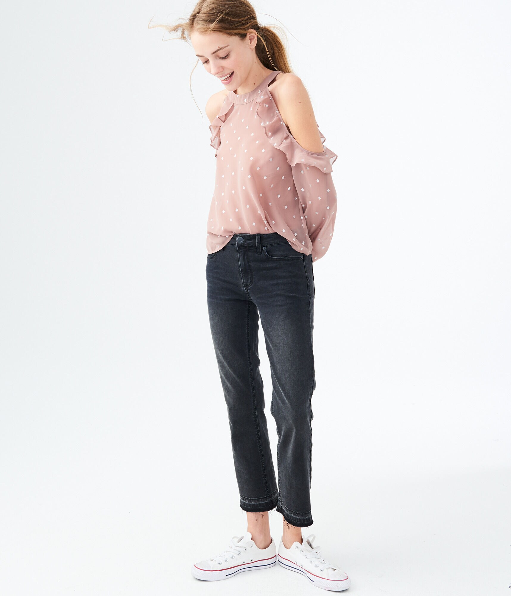 Long Sleeve Sheer Diamond Ruffle Cold-Shoulder Top