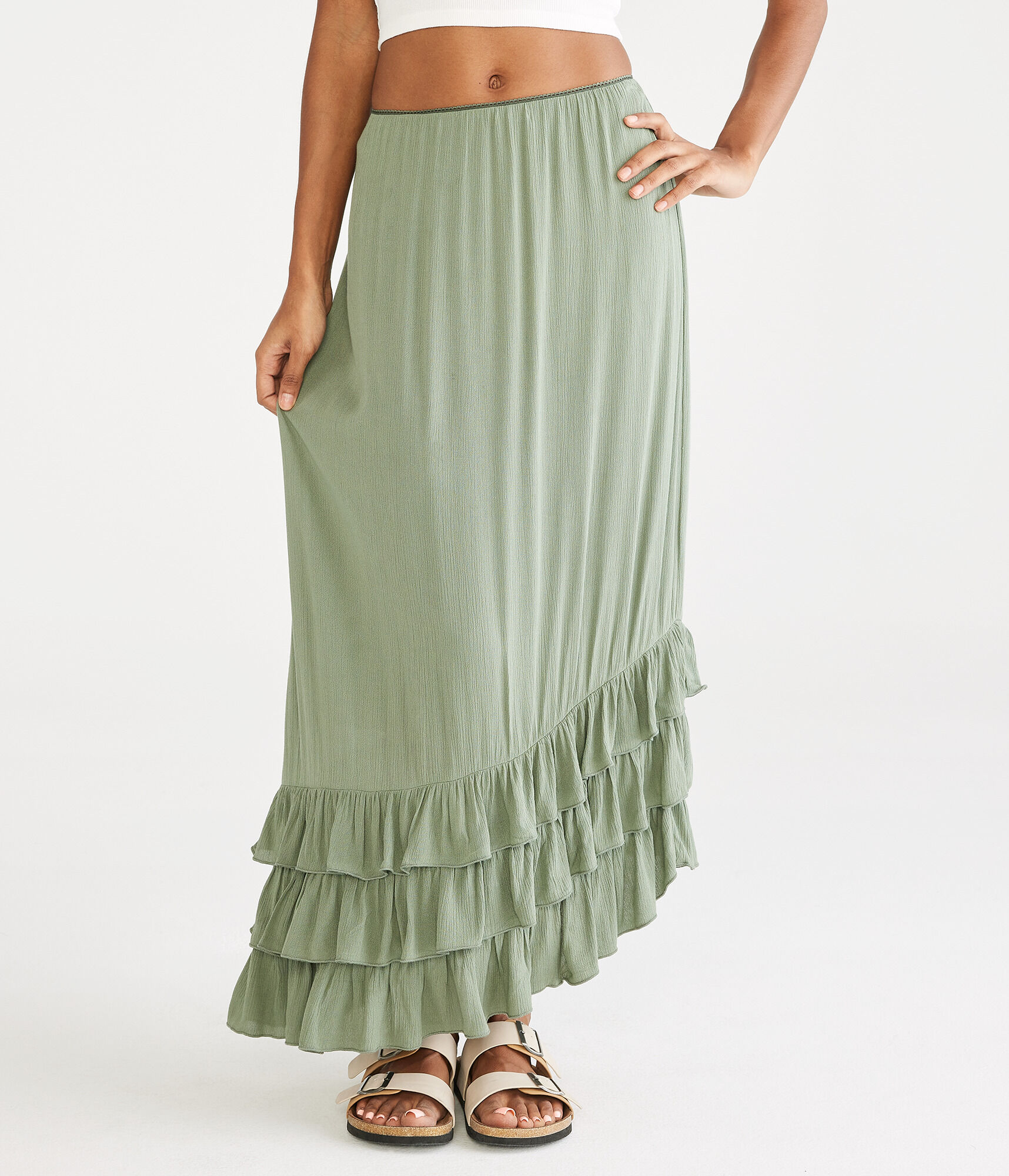 Ruffled Asymmetrical Midi Skirt