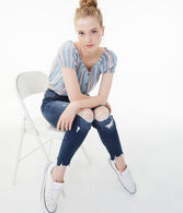 Striped Button-Front Peasant Top