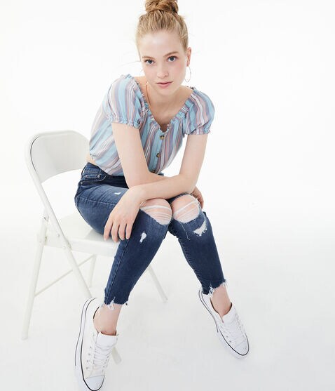 Striped Button-Front Peasant Top