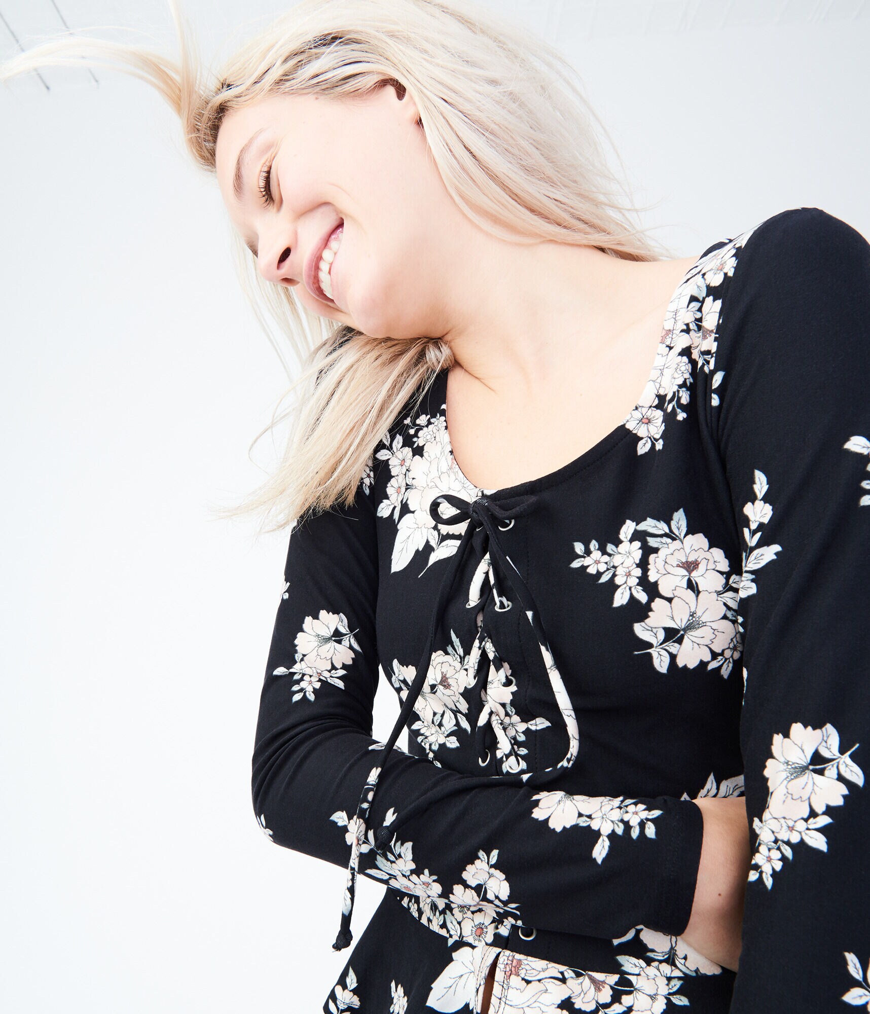 Long Sleeve Floral Lace-Up Peplum Top