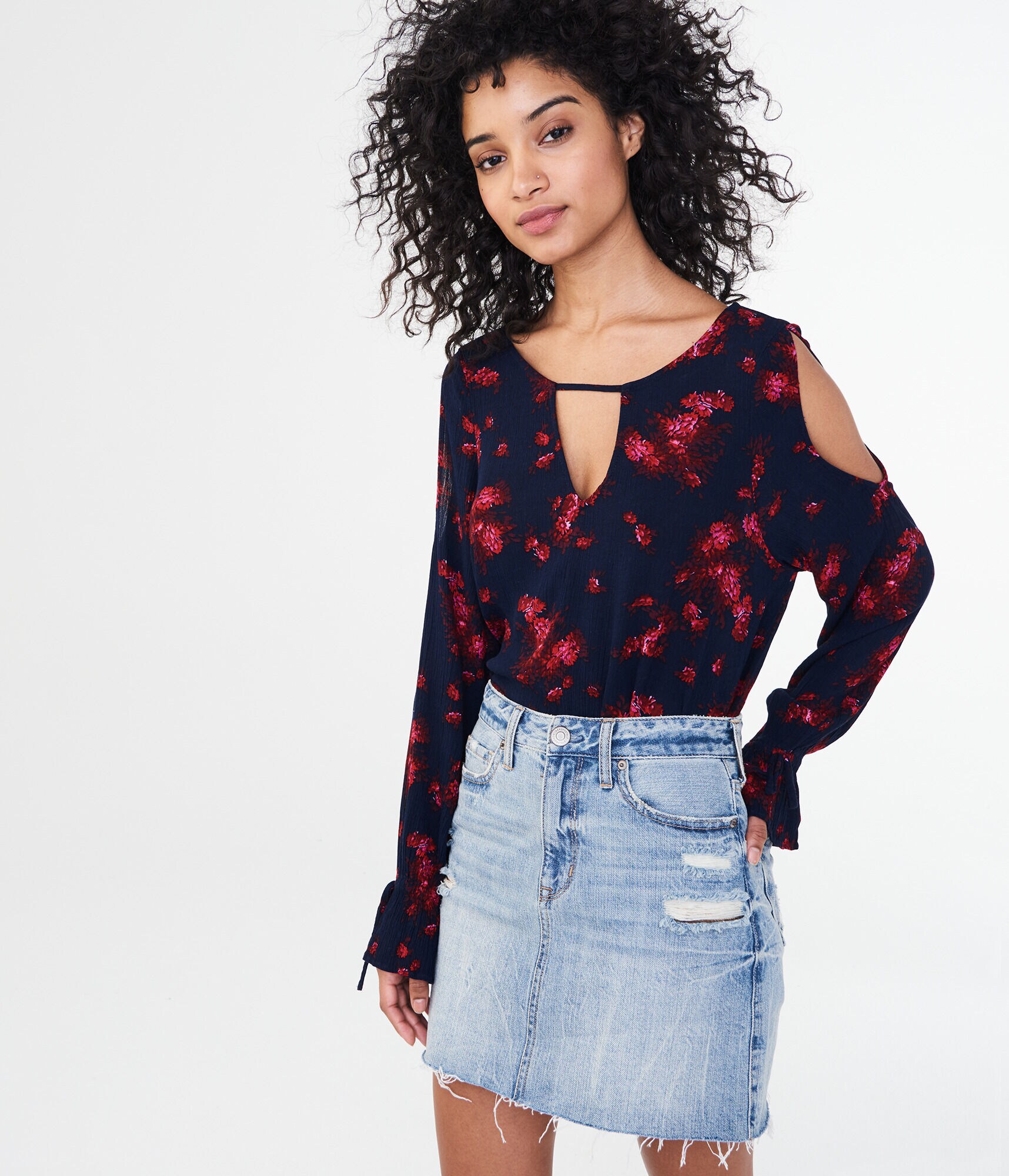 Long Sleeve Floral Cold-Shoulder Top
