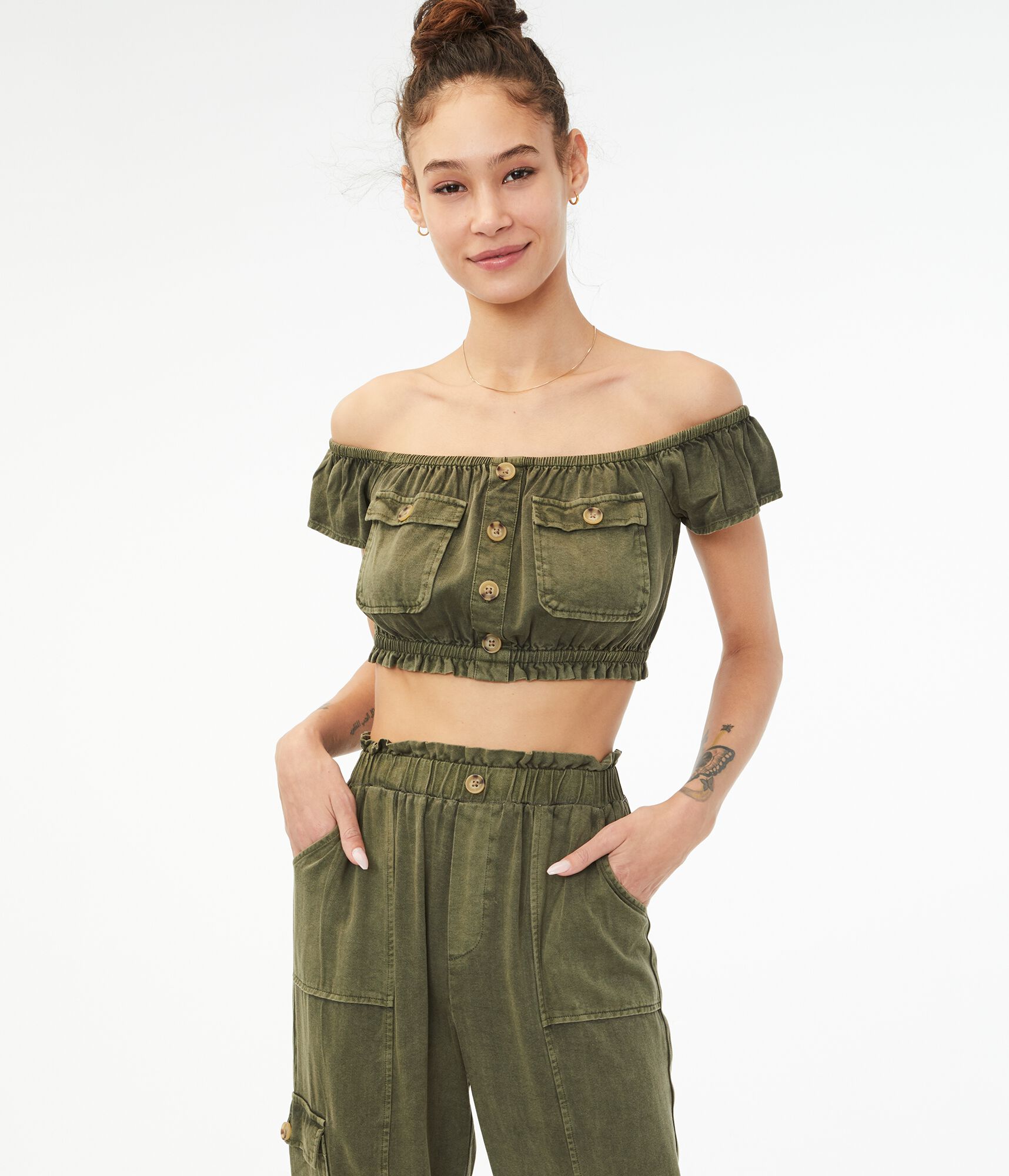 Buttoned Off-The-Shoulder Crop Top