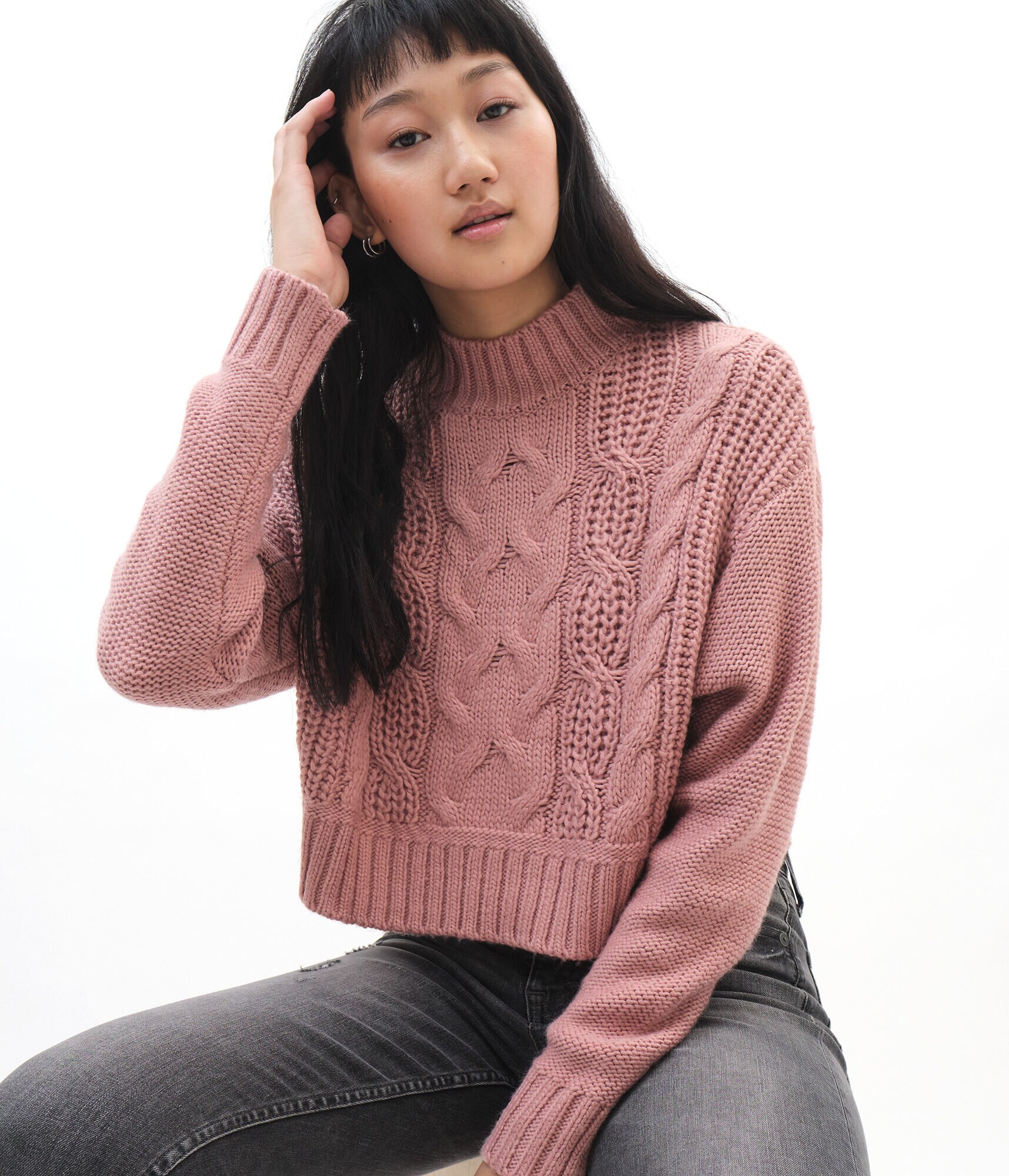 Cable Knit Mock-Neck Sweater