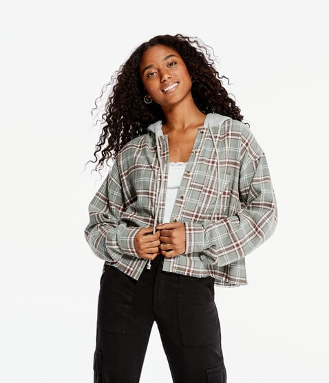 Long Sleeve Plaid Hooded Button-Down Shirt