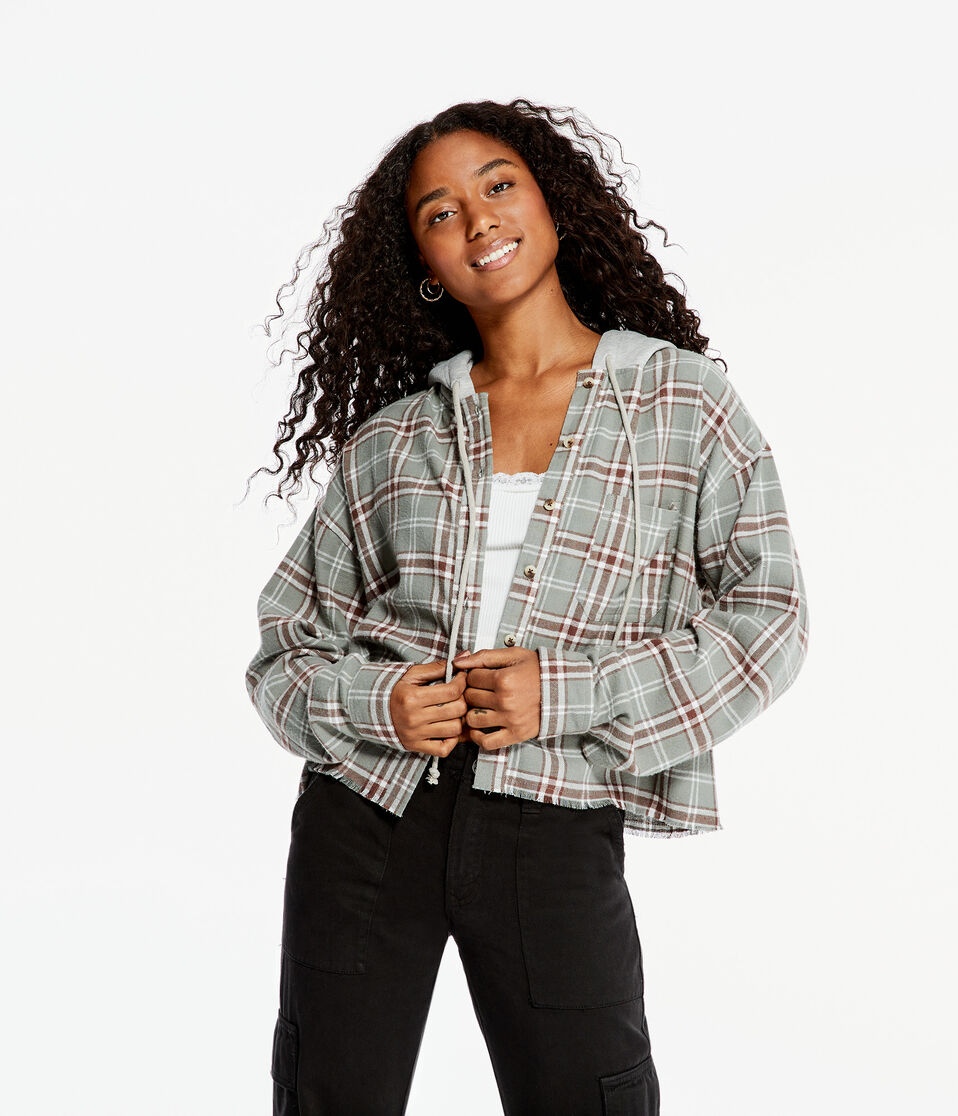 Long Sleeve Plaid Hooded Button-Down Shirt