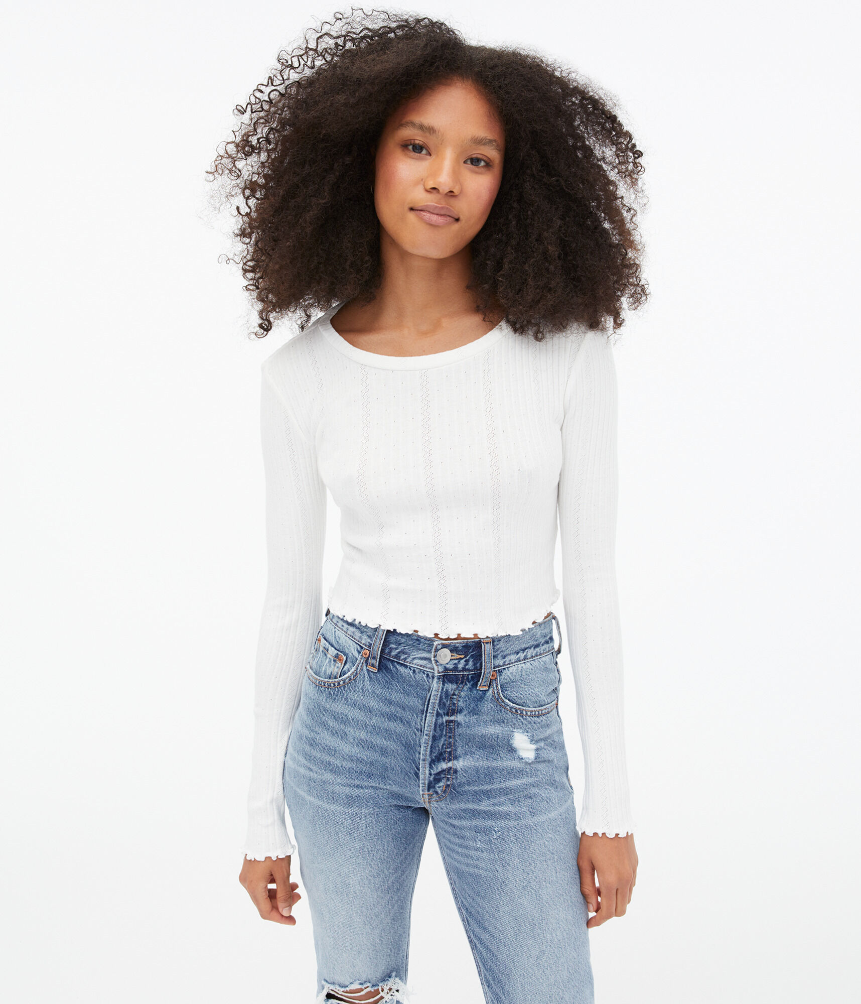 Long Sleeve Pointelle Cropped Shrunken Tee