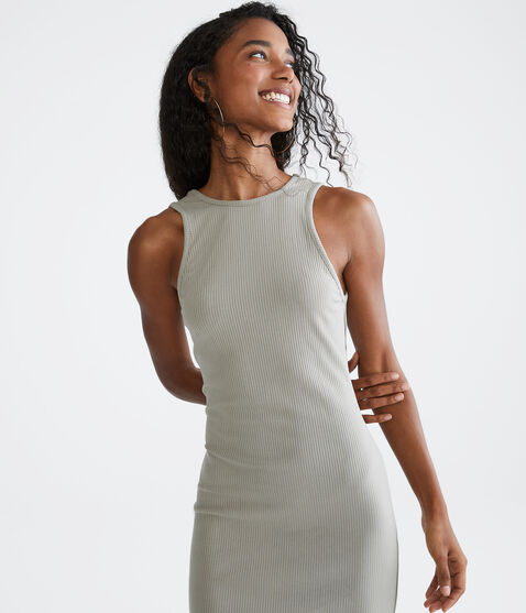 Solid High-Neck Ribbed Midi Dress