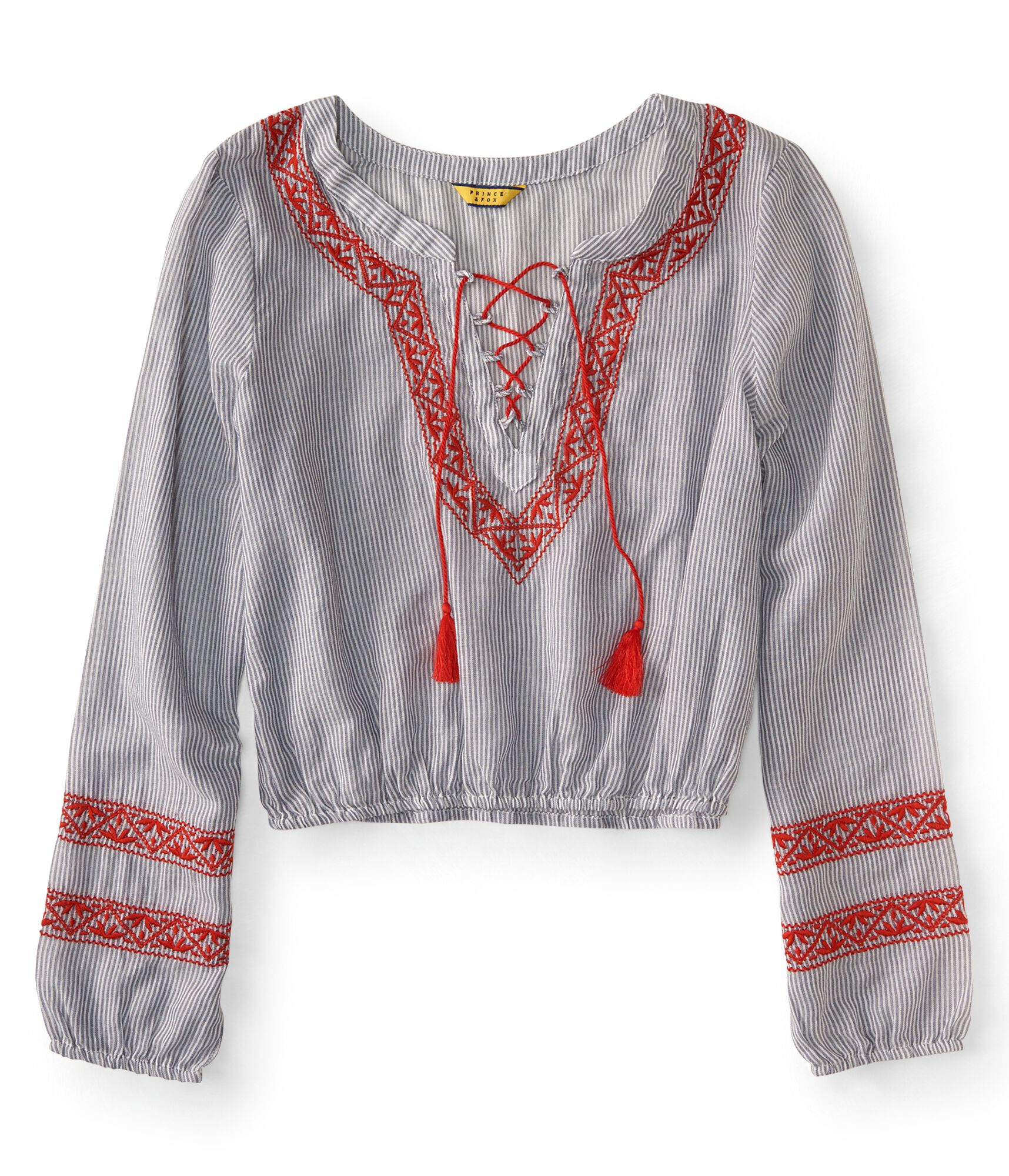 Prince &amp; Fox Railroad Stripe Embroidered Lace Up Peasant Top