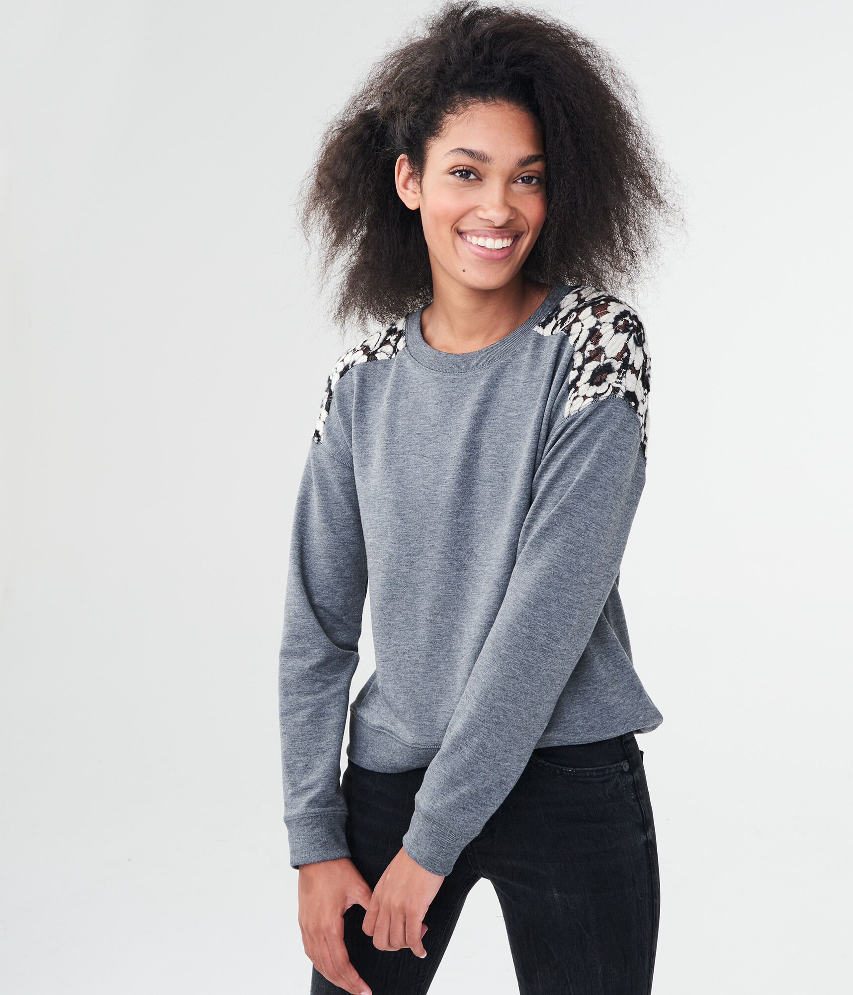 Solid Lace-Inset Sweatshirt