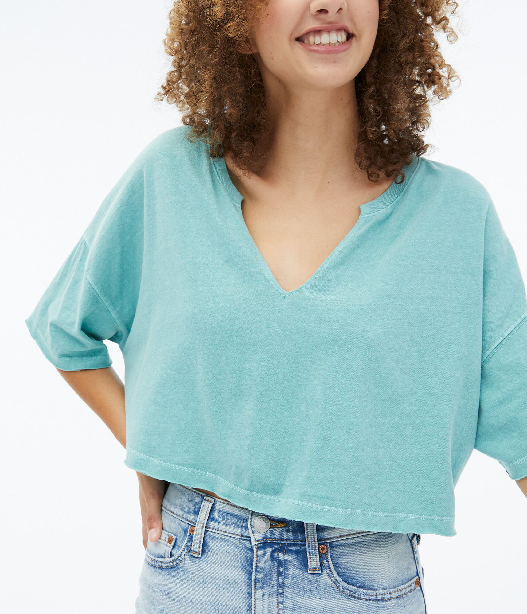 Washed Notch-Neck Cropped Boyfriend Tee
