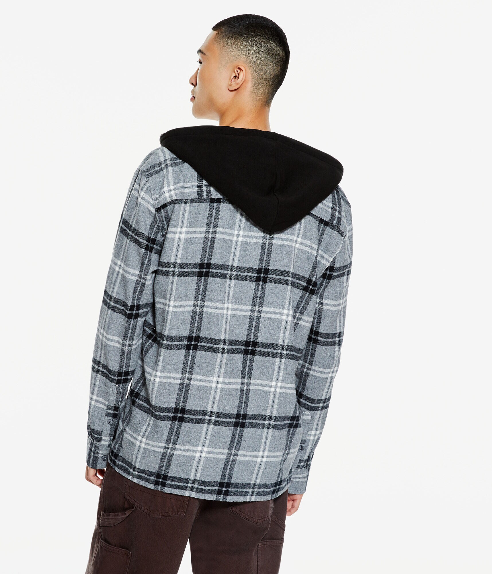 Long Sleeve Plaid Flannel Hooded Button-Down Shirt