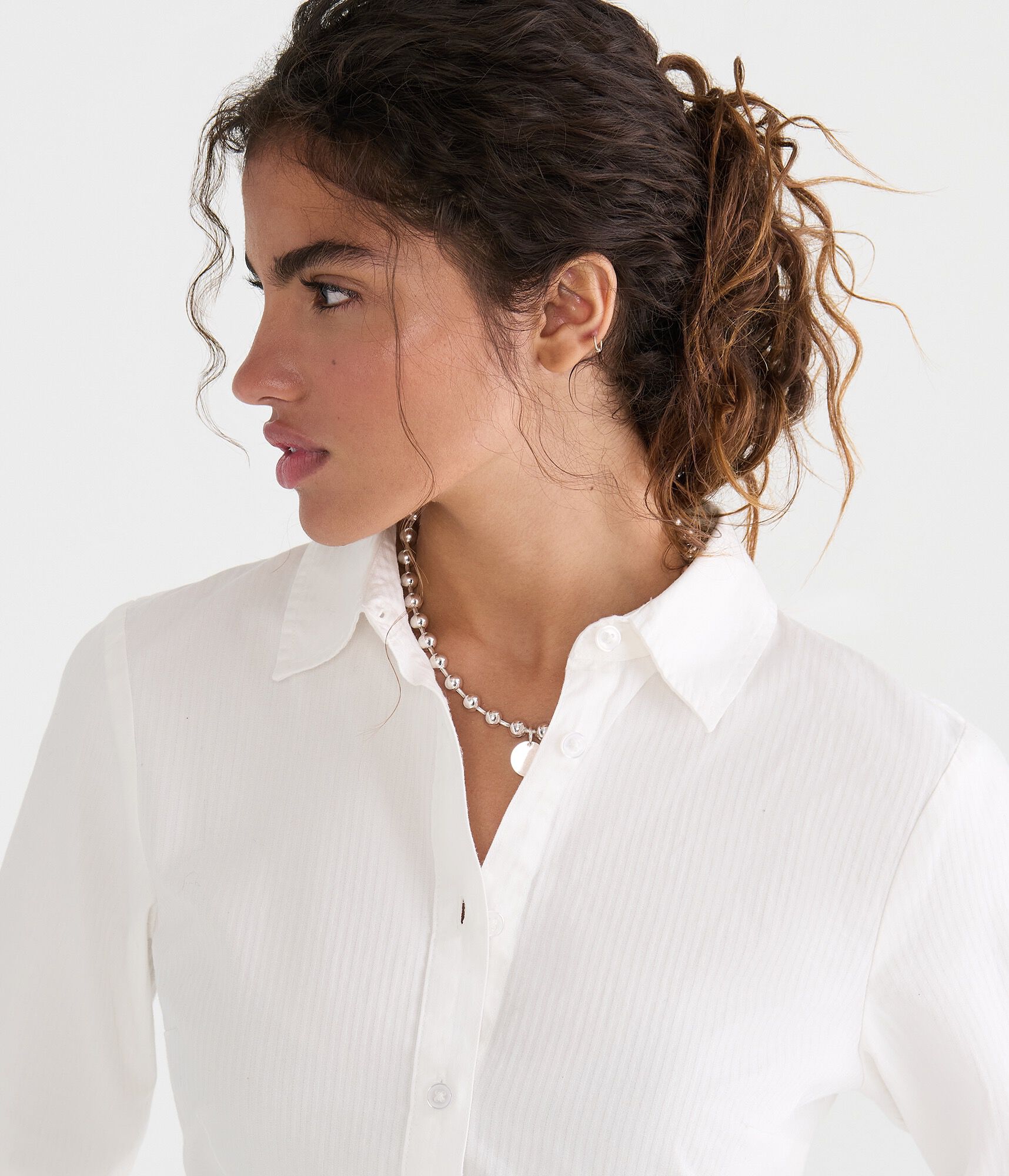 Long Sleeve Tonal Stripe Tie-Back Fitted Shirt