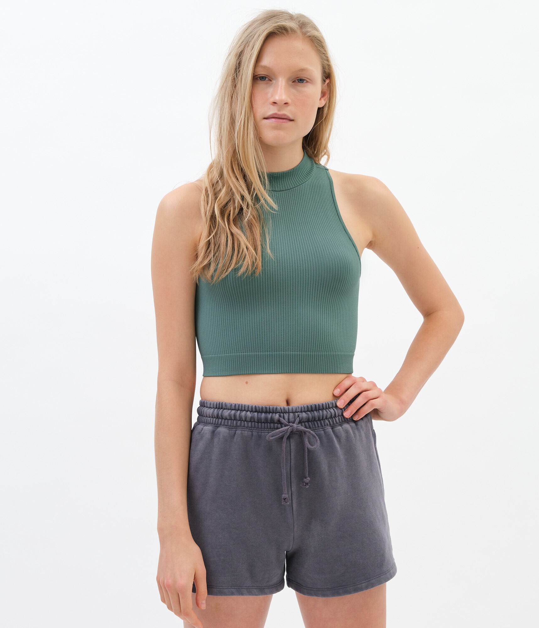 Seamless Ribbed Mock-Neck Crop Top