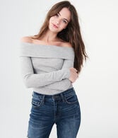 Long Sleeve Heathered Folded Off-The-Shoulder Top***