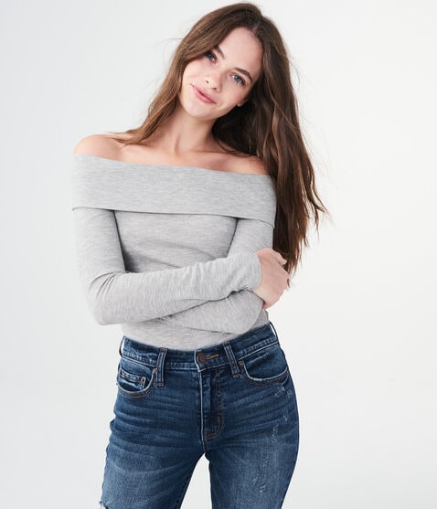 Long Sleeve Heathered Folded Off-The-Shoulder Top***