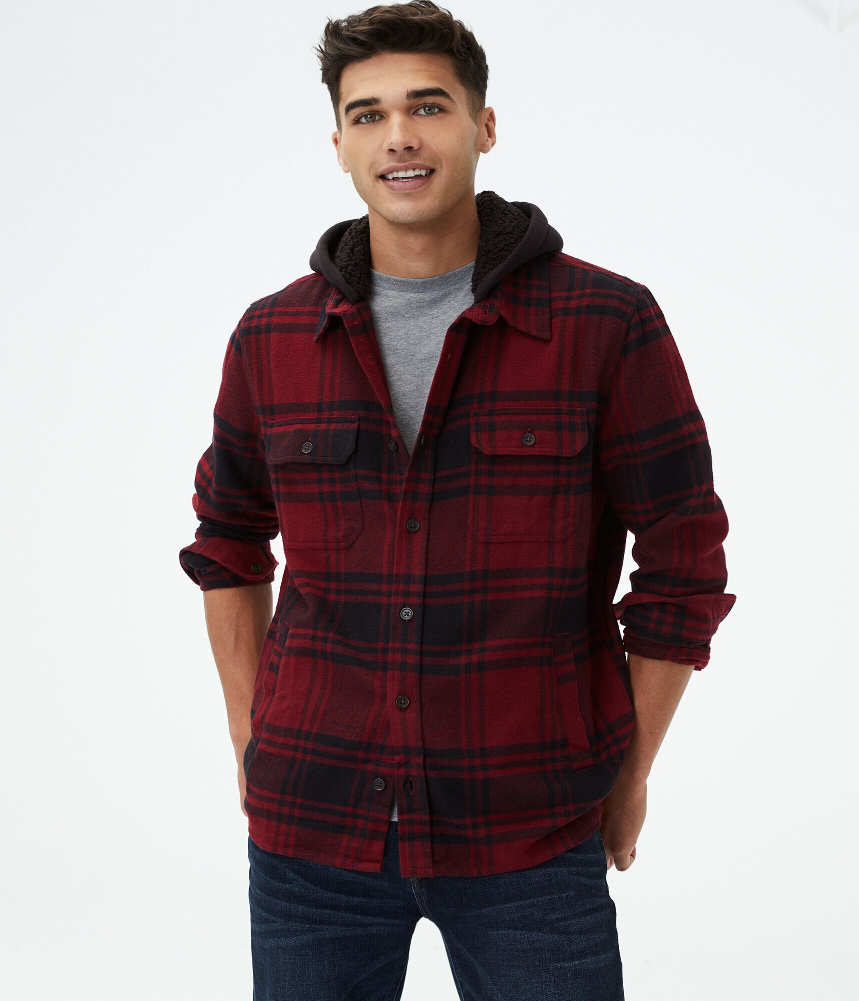 Long Sleeve Hooded Flannel Button-Down Shirt