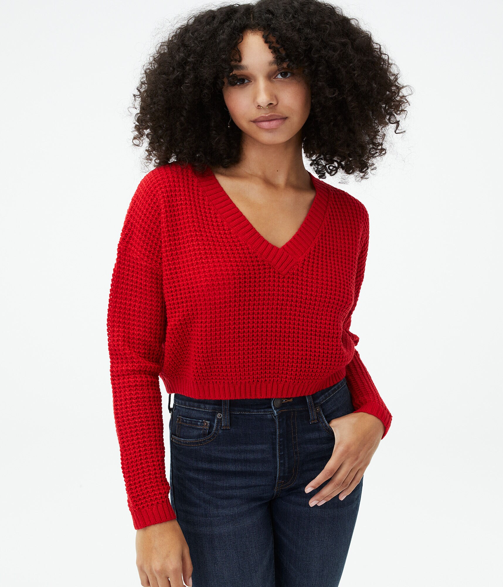 Solid Cropped V-Neck Sweater