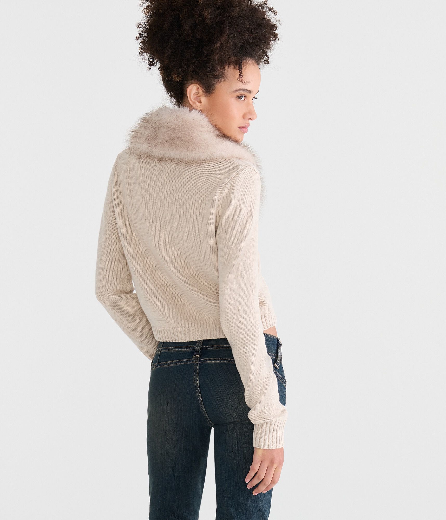Long Sleeve Faux Fur-Trimmed Sweater Shrug