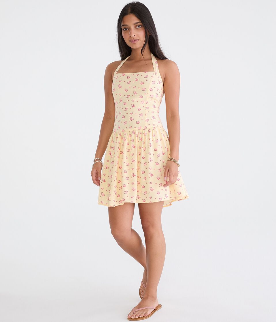 Aeropostale Womens' Floral Square-Neck Halter Drop-Waist Mini Dress - Yellow - Size L - Rayon - Teen Fashion & Clothing Aeropostale Womens' Floral Square-Neck Halter Drop-Waist Mini Dress - Yellow - Size L - Rayon - Teen Fashion & Clothing