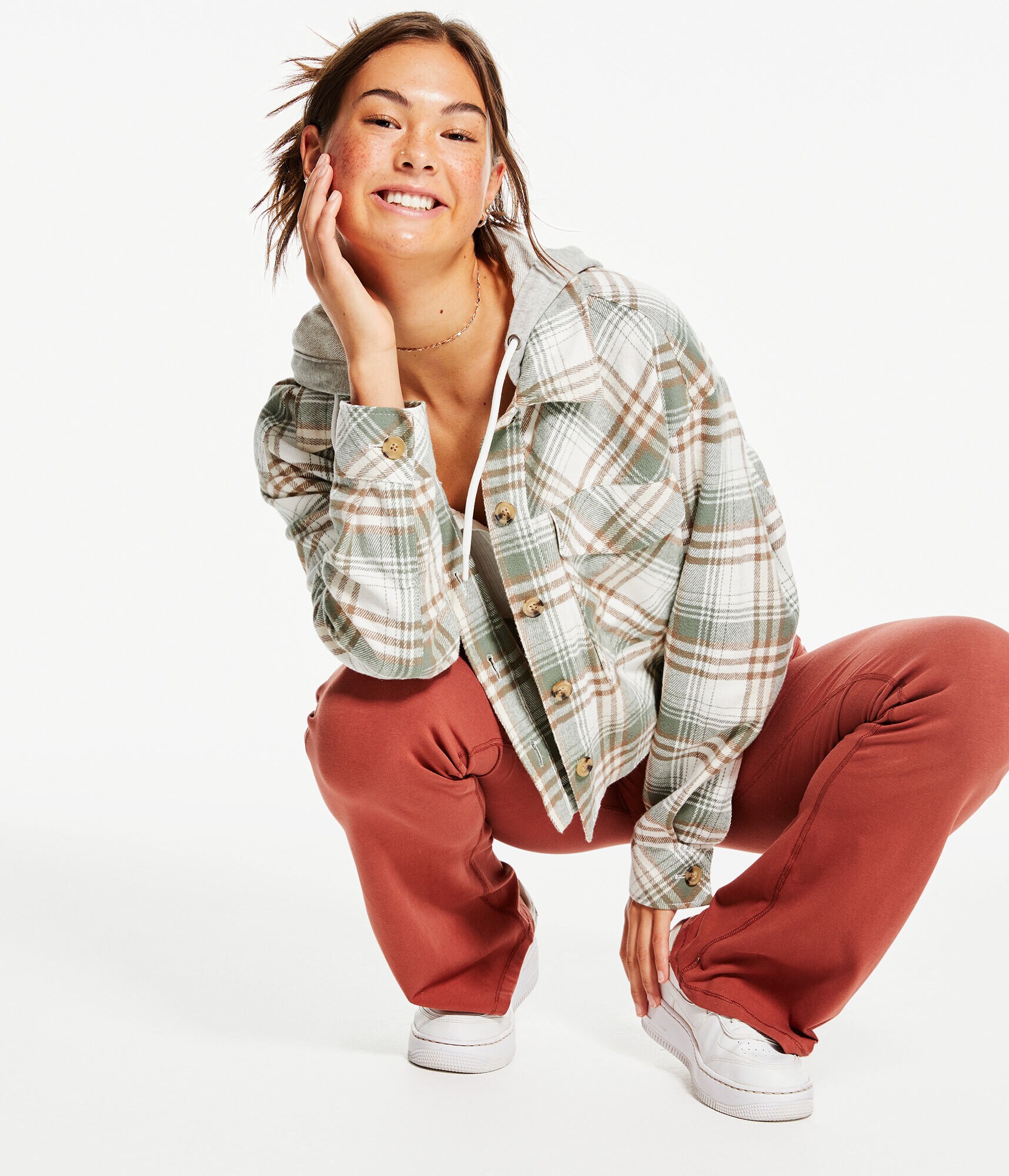 Plaid Flannel Hooded Cropped Shacket