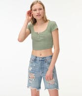 Washed Cropped Snap Henley Tee