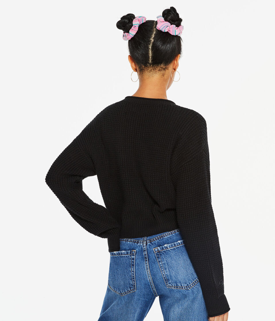 Waffle-Knit Cropped Henley Sweater